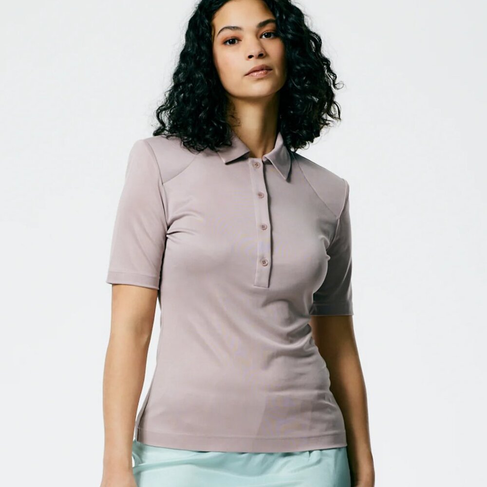 Tibi Deeba Cupro Lean Polo Shirt, wheat, size 0, NWT